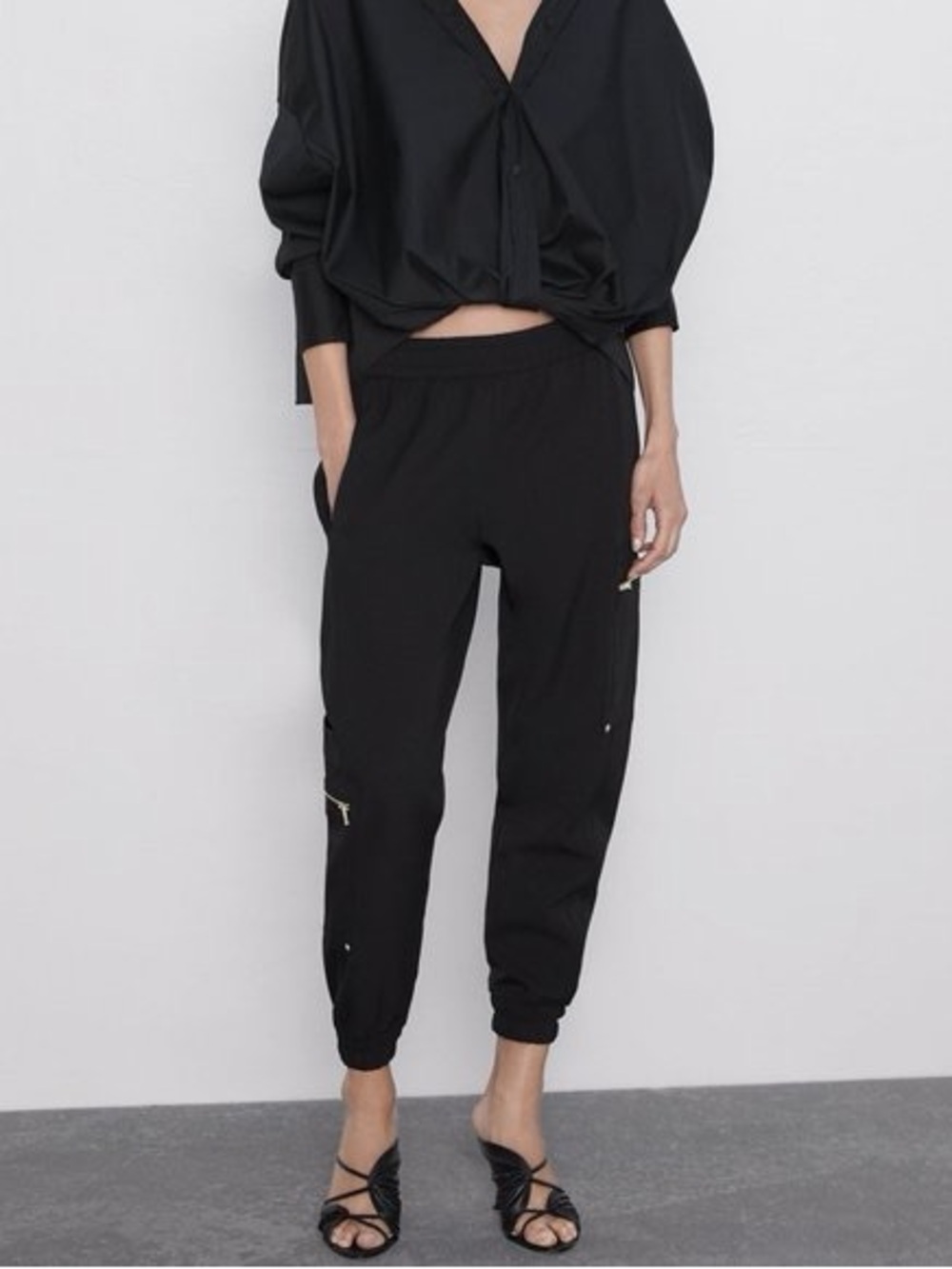 ZARA | Black Gold Zip-Detail Elastic Baggy Relaxed Tapered Pull-on Jogger Pants
